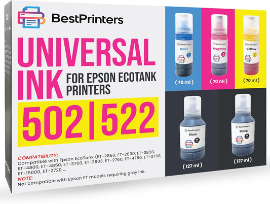 Universal 502 522 Ink Refill Bottles for Epson Ecotank (2BK C M Y) for Ecotank ET2760 ET-4760 ET2750 ET-3760 ET-2850 ET-15000 ST-4000 ET-3710 ET-3850 ET-3750 ET-4850 ET-3830 ET4750 ET2700 ST3000 ET3700 -  Best Printers
